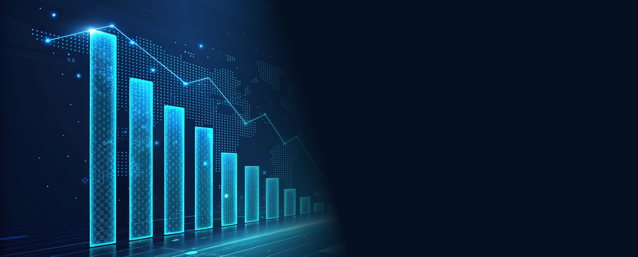 Glowing cyan bar chart shows progressive rise against world map